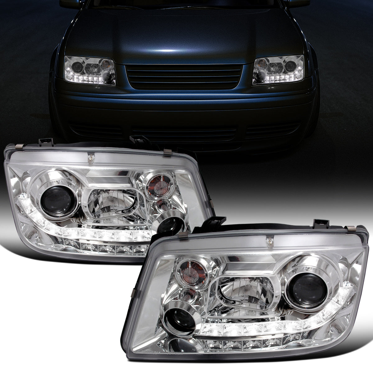 Ronnin - Se adapta a Volkswagen Jetta MK4 de 1999-2005 Faros delanteros con proyector de tubo LED y faros antiniebla, juego mejorado | Cromado