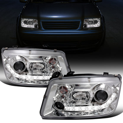 Ronnin - Se adapta a Volkswagen Jetta MK4 de 1999-2005 Faros delanteros con proyector de tubo LED y faros antiniebla, juego mejorado | Cromado