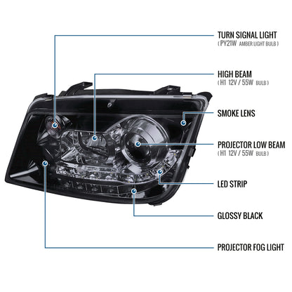 Ronnin - Se adapta a Volkswagen Jetta MK4 de 1999-2005 Faros delanteros con proyector de tubo LED ensamblados mejorados + par de faros antiniebla | Negro ahumado
