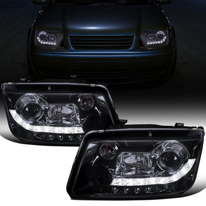 Ronnin - Se adapta a Volkswagen Jetta MK4 de 1999-2005 Faros delanteros con proyector de tubo LED ensamblados mejorados + par de faros antiniebla | Negro ahumado