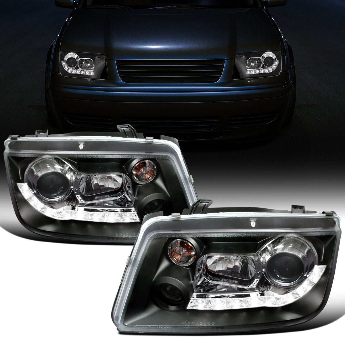 Ronnin - Se adapta a Volkswagen Jetta MK4 de 1999-2005 Faros delanteros con proyector de tubo LED y faros antiniebla | Par Negro