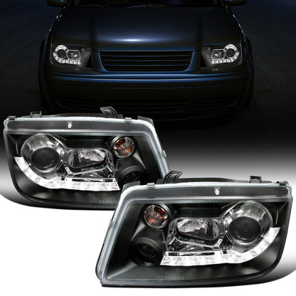 Ronnin - Se adapta a Volkswagen Jetta MK4 de 1999-2005 Faros delanteros con proyector de tubo LED y faros antiniebla | Par Negro