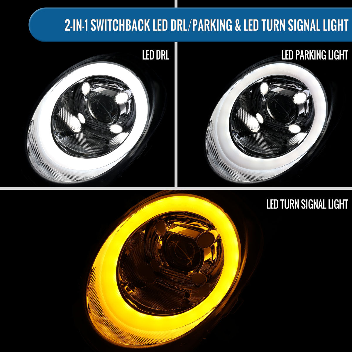 2014-2022 Mini Cooper F55 F56 F57 2016-2022 Clubman F54 LED Tube DRL Switchback Turn Signals Projector Halogen Headlights Assembly Pair | Chrome