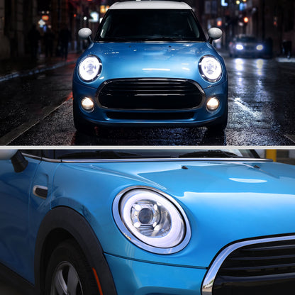 2014-2022 Mini Cooper F55 F56 F57 2016-2022 Clubman F54 LED Tube DRL Switchback Turn Signals Projector Halogen Headlights Assembly Pair | Chrome