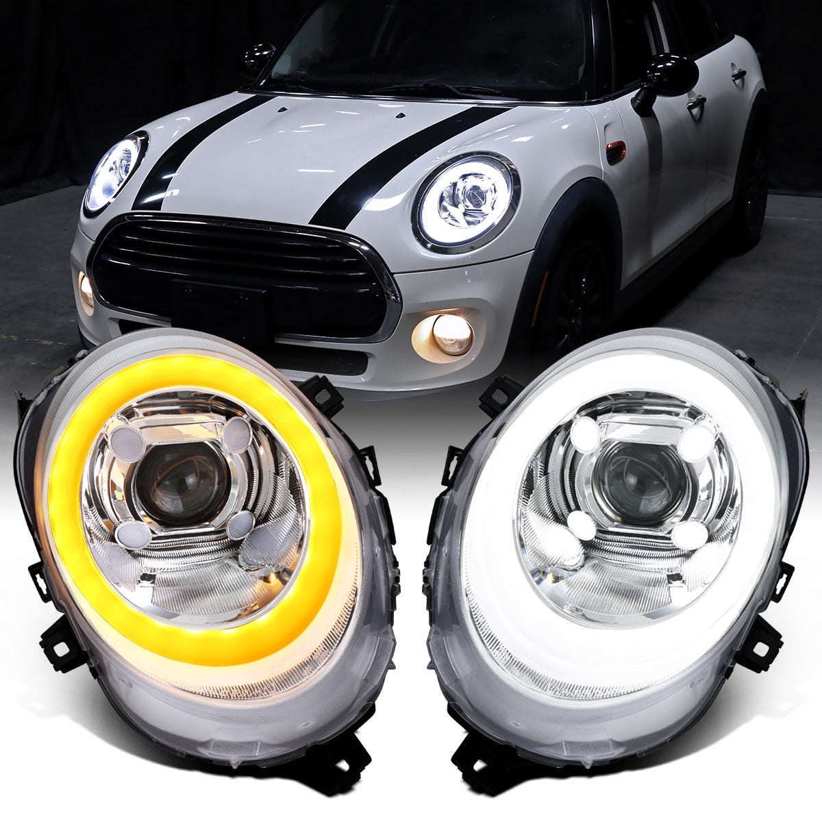 2014-2022 Mini Cooper F55 F56 F57 2016-2022 Clubman F54 LED Tube DRL Switchback Turn Signals Projector Halogen Headlights Assembly Pair | Chrome
