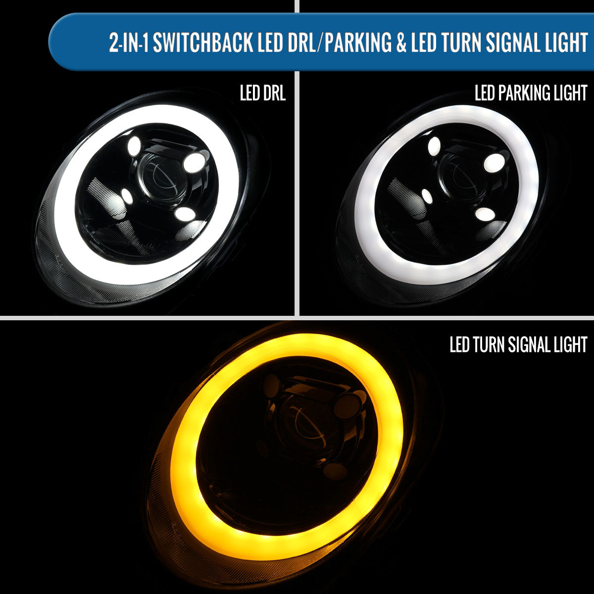 2014-2022 Mini Cooper F55 F56 F57 2016-2022 Clubman F54 LED Tube DRL Switchback Turn Signals Projector Halogen Headlights Assembly Pair | Black Smoke