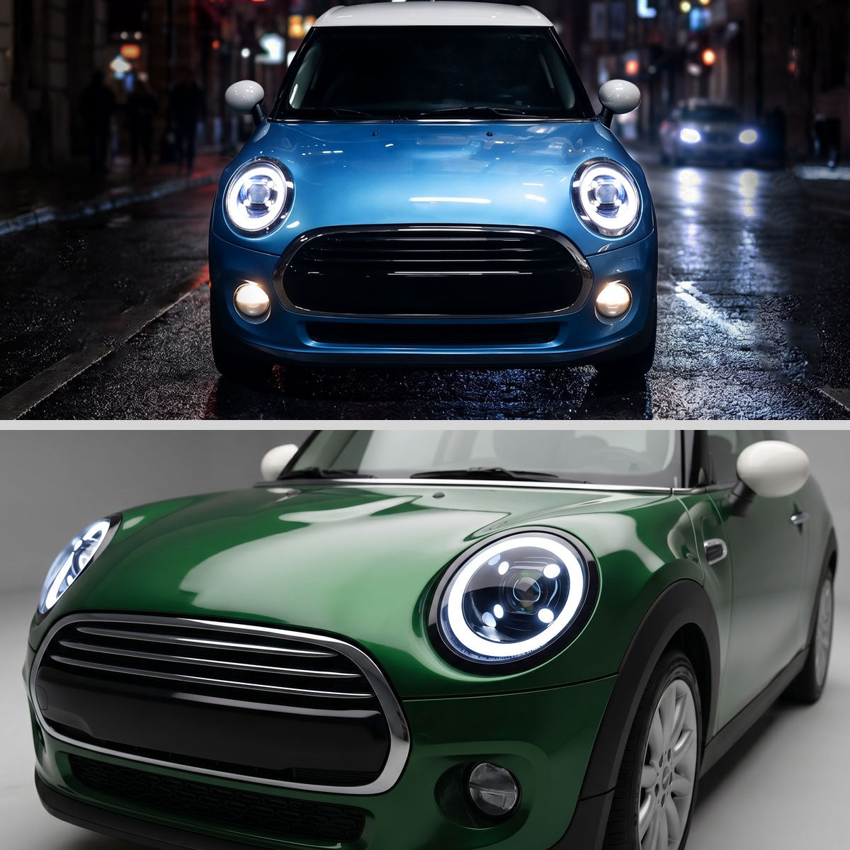 2014-2022 Mini Cooper F55 F56 F57 2016-2022 Clubman F54 LED Tube DRL Switchback Turn Signals Projector Halogen Headlights Assembly Pair | Black Smoke