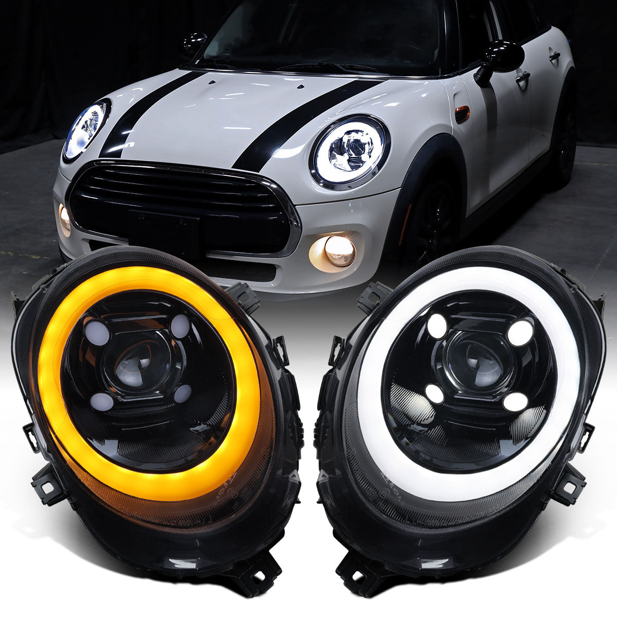 2014-2022 Mini Cooper F55 F56 F57 2016-2022 Clubman F54 LED Tube DRL Switchback Turn Signals Projector Halogen Headlights Assembly Pair | Black Smoke