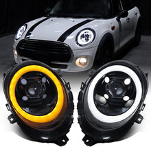 2014-2022 Mini Cooper F55 F56 F57 2016-2022 Clubman F54 LED Tube DRL Switchback Turn Signals Projector Halogen Headlights Assembly Pair | Black Smoke