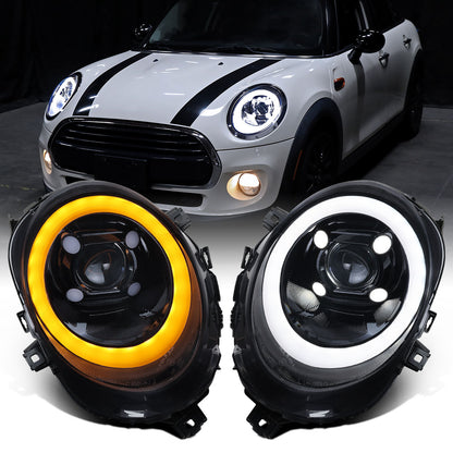 2014-2022 Mini Cooper F55 F56 F57 2016-2022 Clubman F54 LED Tube DRL Switchback Turn Signals Projector Halogen Headlights Assembly Pair | Black Smoke