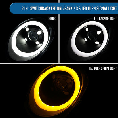 2014-2022 Mini Cooper F55 F56 F57 2016-2022 Clubman F54 LED Tube DRL Switchback Turn Signals Projector Halogen Headlights Assembly Pair | Black