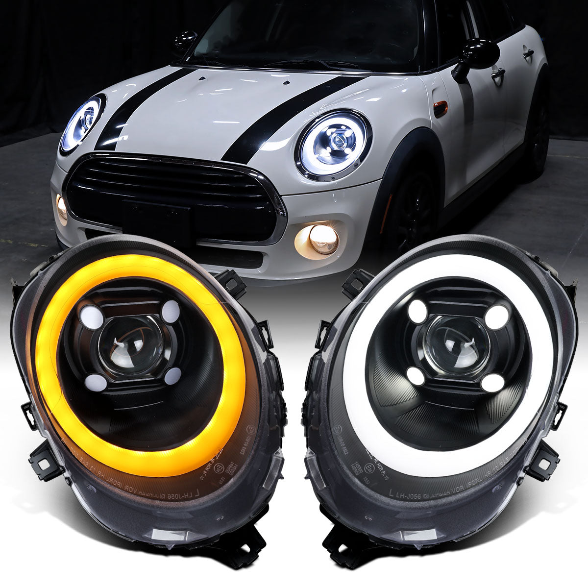 2014-2022 Mini Cooper F55 F56 F57 2016-2022 Clubman F54 LED Tube DRL Switchback Turn Signals Projector Halogen Headlights Assembly Pair | Black