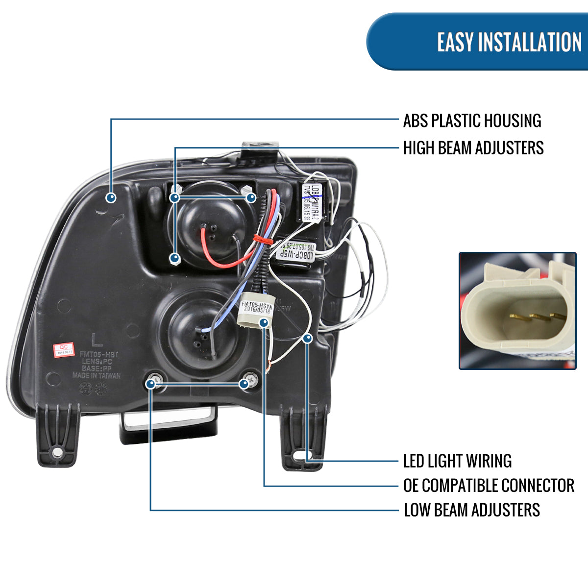 Ronnin - Se adapta a Ford Mustang 2005-2009. Faros delanteros de proyector halógeno con aro de halo LED de repuesto mejorado. Par | Cromo