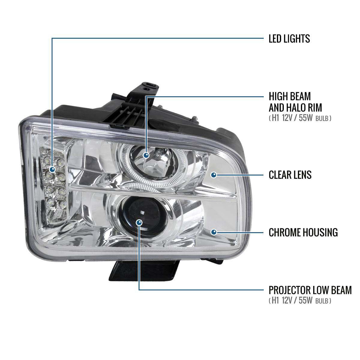 Ronnin - Se adapta a Ford Mustang 2005-2009. Faros delanteros de proyector halógeno con aro de halo LED de repuesto mejorado. Par | Cromo