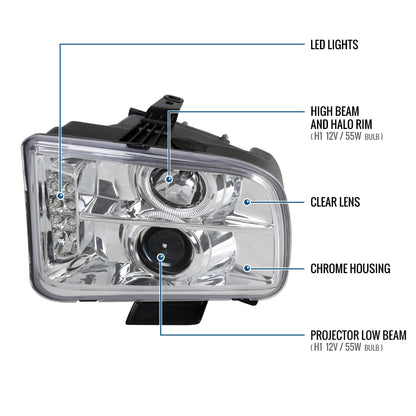 Ronnin - Se adapta a Ford Mustang 2005-2009. Faros delanteros de proyector halógeno con aro de halo LED de repuesto mejorado. Par | Cromo