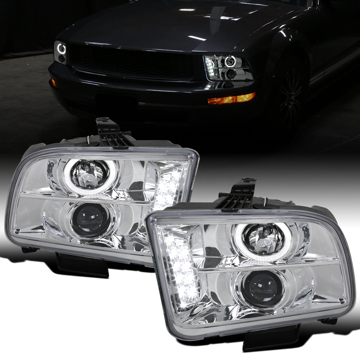 Ronnin - Se adapta a Ford Mustang 2005-2009. Faros delanteros de proyector halógeno con aro de halo LED de repuesto mejorado. Par | Cromo
