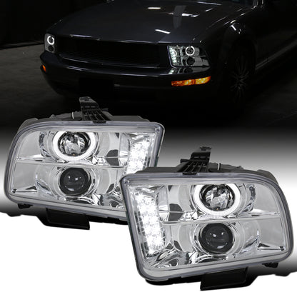 Ronnin - Se adapta a Ford Mustang 2005-2009. Faros delanteros de proyector halógeno con aro de halo LED de repuesto mejorado. Par | Cromo