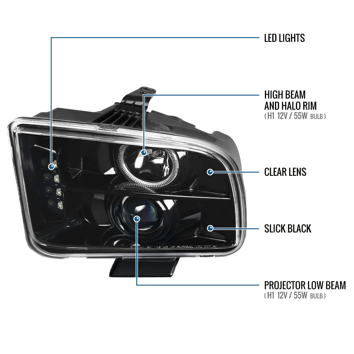 Ronnin - Se adapta a Ford Mustang 2005-2009, montaje de faros delanteros con proyector de halógeno LED de halo mejorado, par | Negro brillante