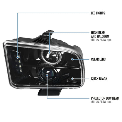 Ronnin - Se adapta a Ford Mustang 2005-2009, montaje de faros delanteros con proyector de halógeno LED de halo mejorado, par | Negro brillante