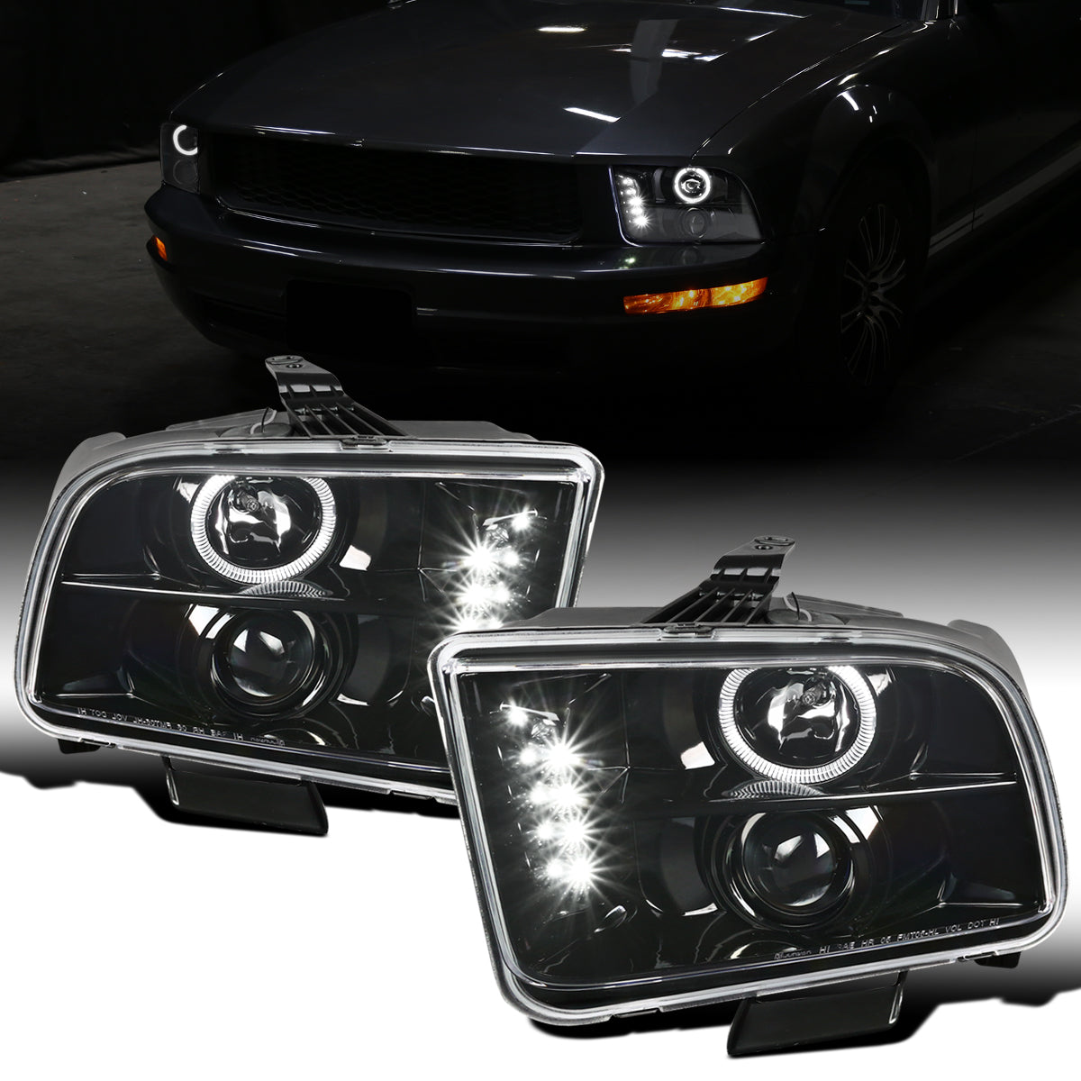 Ronnin - Se adapta a Ford Mustang 2005-2009, montaje de faros delanteros con proyector de halógeno LED de halo mejorado, par | Negro brillante