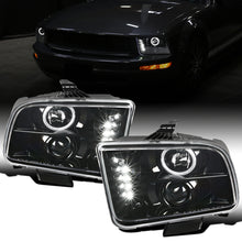 Ronnin - Fits 2005-2009 Ford Mustang Upgrade Replacement LED Halo Rim Halogen Projector Headlights Assembly Pair | Gloss Black