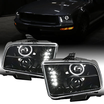 Ronnin - Se adapta a Ford Mustang 2005-2009, montaje de faros delanteros con proyector de halógeno LED de halo mejorado, par | Negro brillante