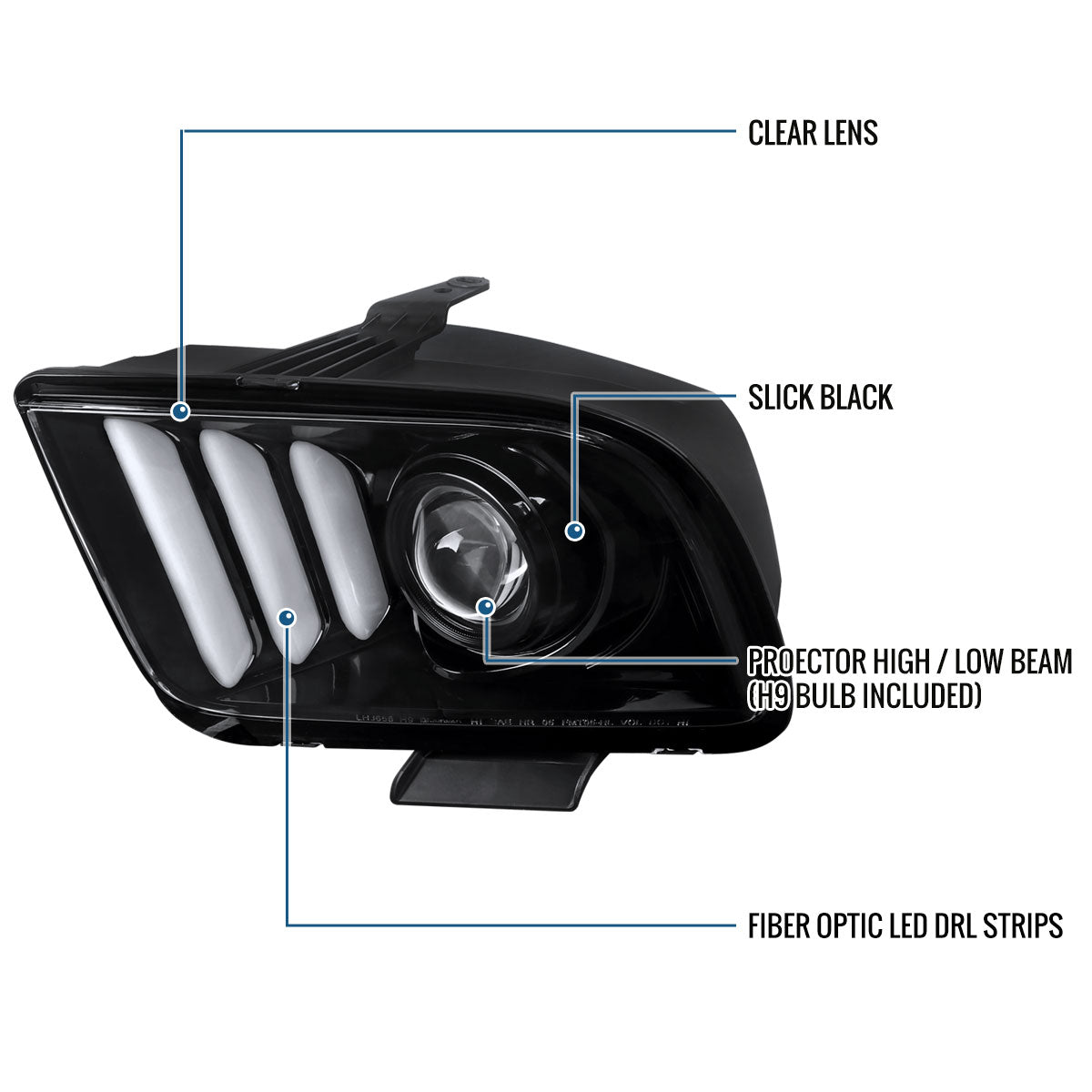 Ronnin - Faros delanteros con proyector de tubo LED de repuesto para Ford Mustang 2005-2009 | Negro brillante