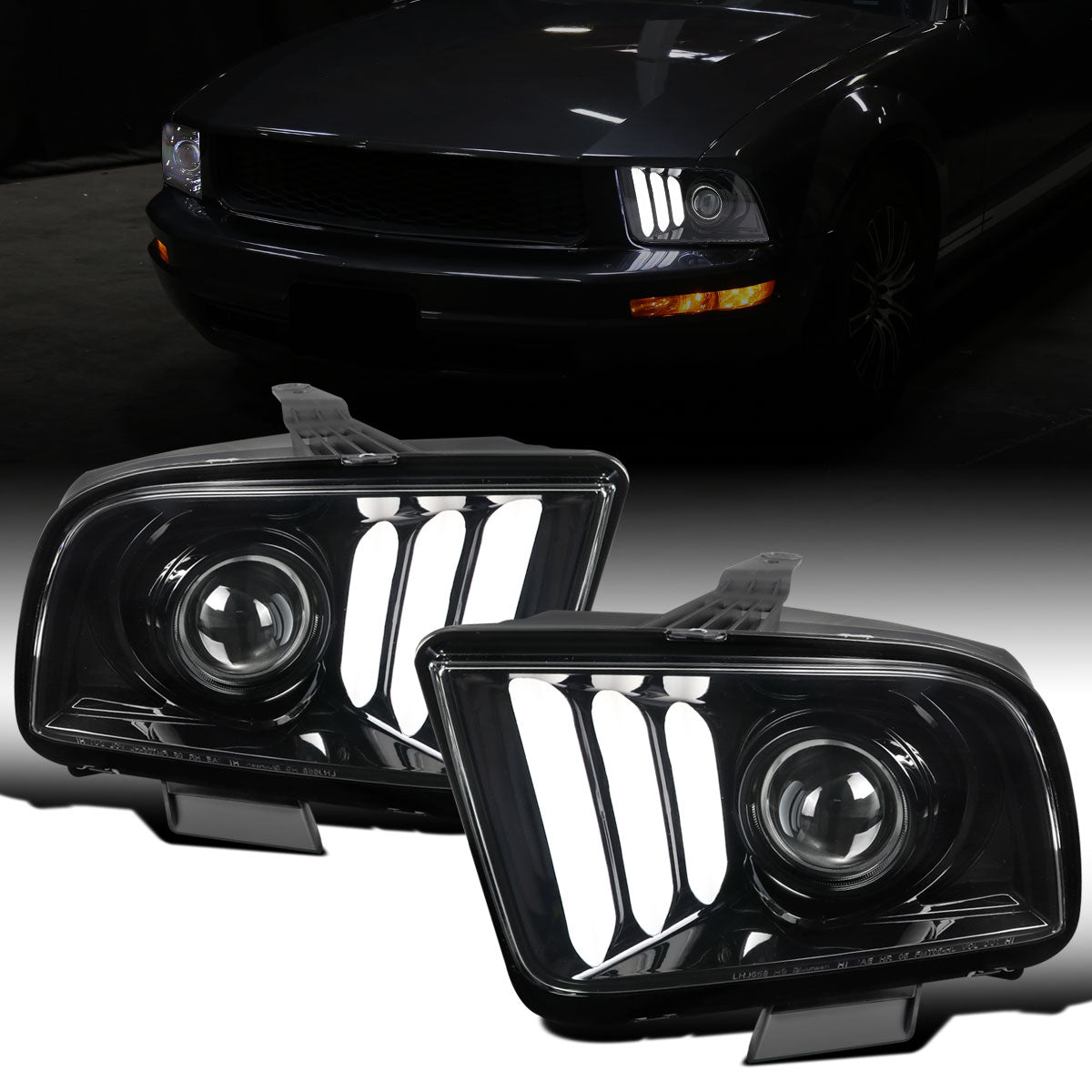 Ronnin - Faros delanteros con proyector de tubo LED de repuesto para Ford Mustang 2005-2009 | Negro brillante
