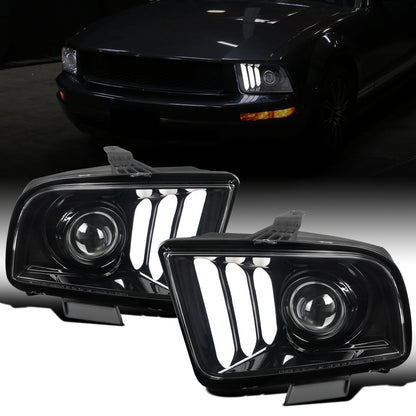 Ronnin - Faros delanteros con proyector de tubo LED de repuesto para Ford Mustang 2005-2009 | Negro brillante