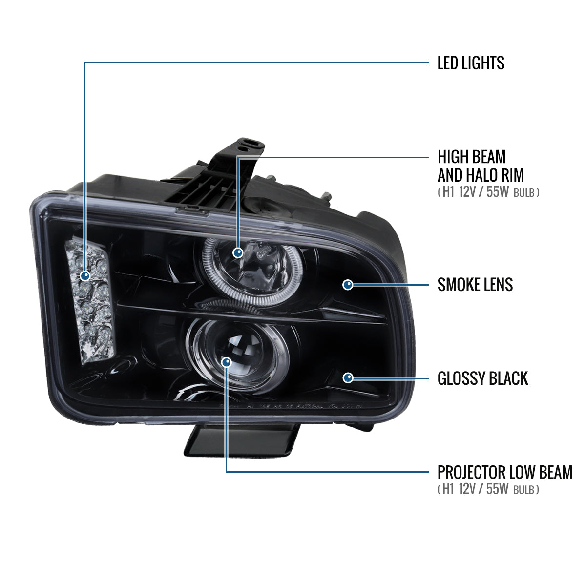 Ronnin - Se adapta a Ford Mustang 2005-2009, conjunto de faros de proyector halógenos con halo LED de repuesto mejorado, par | Negro Humo