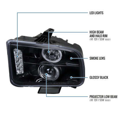 Ronnin - Se adapta a Ford Mustang 2005-2009, conjunto de faros de proyector halógenos con halo LED de repuesto mejorado, par | Negro Humo