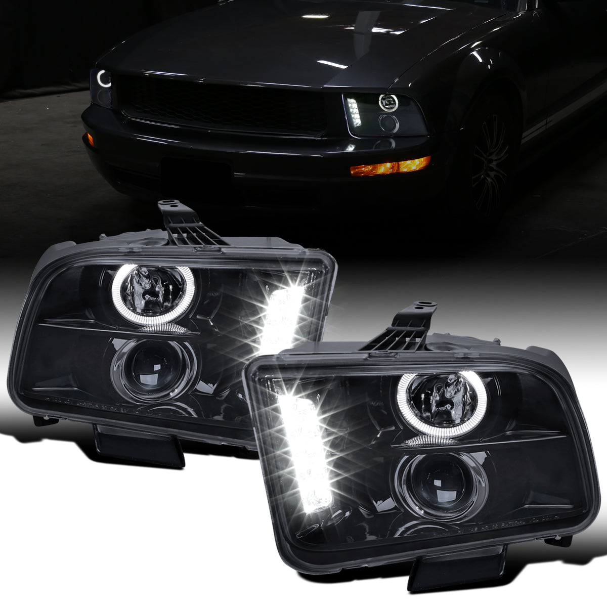 Ronnin - Se adapta a Ford Mustang 2005-2009, conjunto de faros de proyector halógenos con halo LED de repuesto mejorado, par | Negro Humo