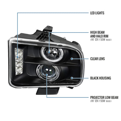 Ronnin - Se adapta a Ford Mustang 2005-2009 Actualización de Faros Proyectores Halógenos con Anillo LED Halo Par | Negro