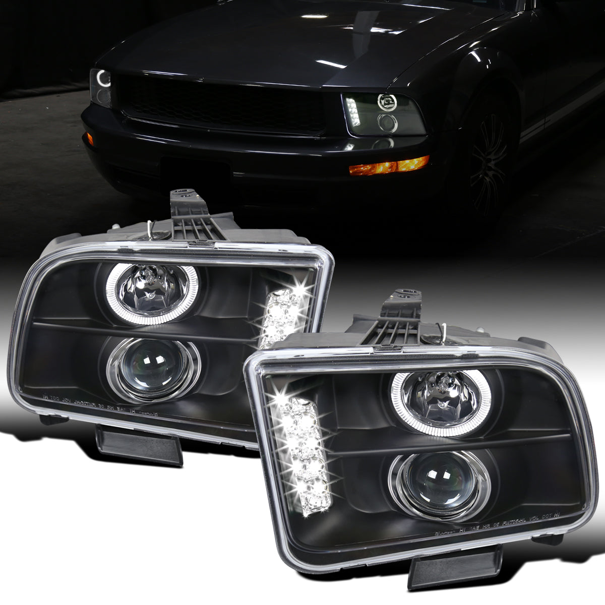 Ronnin - Se adapta a Ford Mustang 2005-2009 Actualización de Faros Proyectores Halógenos con Anillo LED Halo Par | Negro