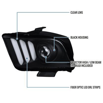 Ronnin - Se adapta a Ford Mustang 2005-2009, conjunto de faros delanteros con proyector de tubo LED de repuesto mejorado, par | Negro