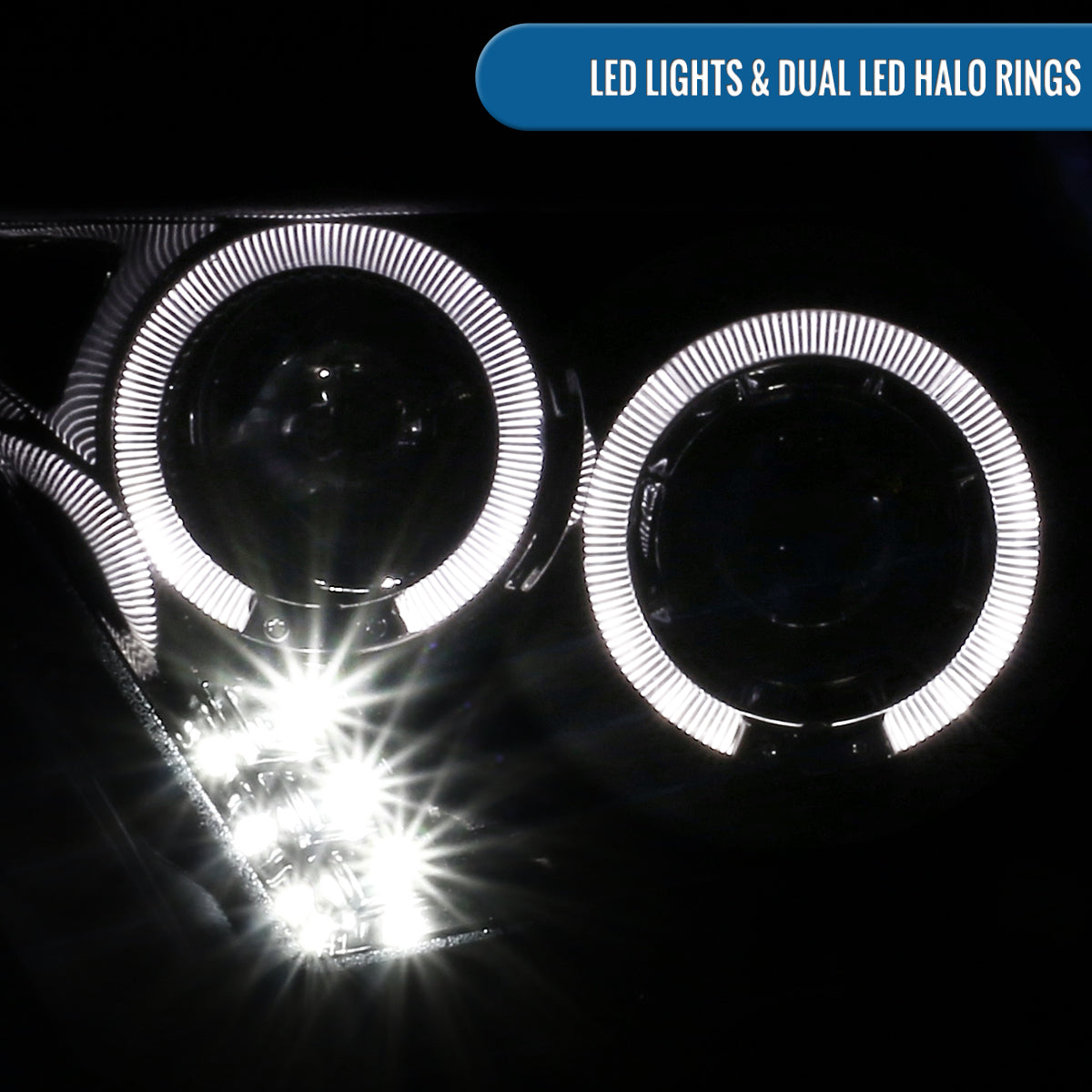 Ronnin - Se adapta a Ford Mustang 2010-2014, faros delanteros de proyector con doble aro LED de repuesto mejorado, par | Negro brillante