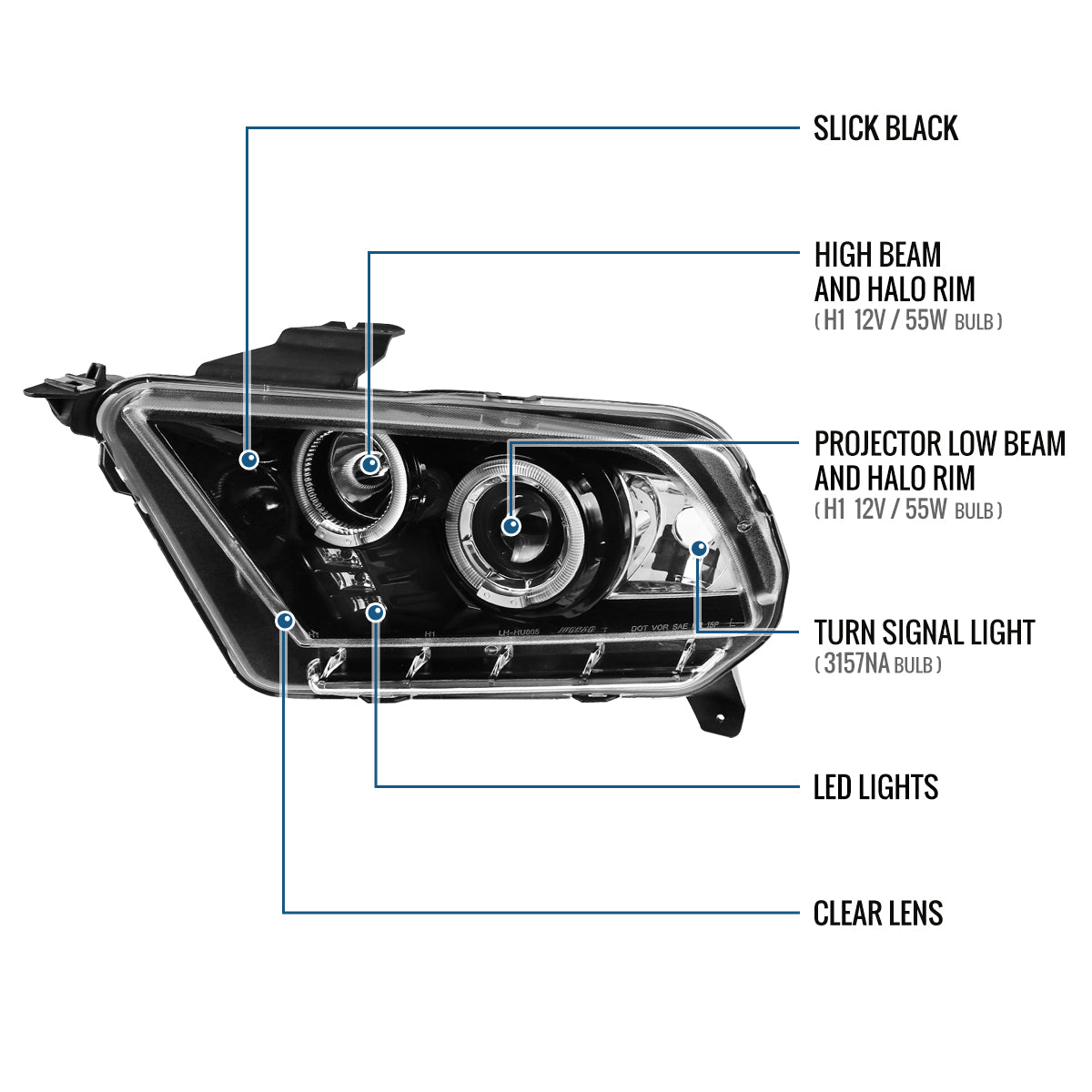 Ronnin - Se adapta a Ford Mustang 2010-2014, faros delanteros de proyector con doble aro LED de repuesto mejorado, par | Negro brillante