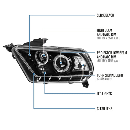 Ronnin - Se adapta a Ford Mustang 2010-2014, faros delanteros de proyector con doble aro LED de repuesto mejorado, par | Negro brillante