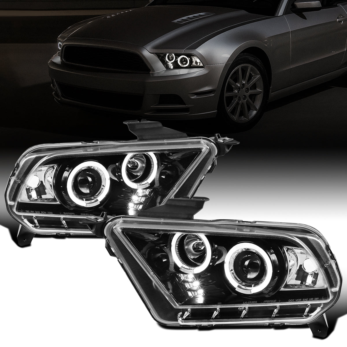 Ronnin - Se adapta a Ford Mustang 2010-2014, faros delanteros de proyector con doble aro LED de repuesto mejorado, par | Negro brillante