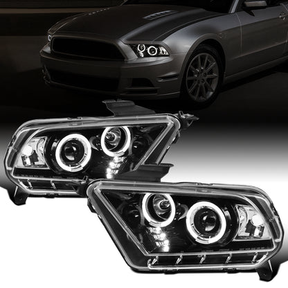 Ronnin - Se adapta a Ford Mustang 2010-2014, faros delanteros de proyector con doble aro LED de repuesto mejorado, par | Negro brillante