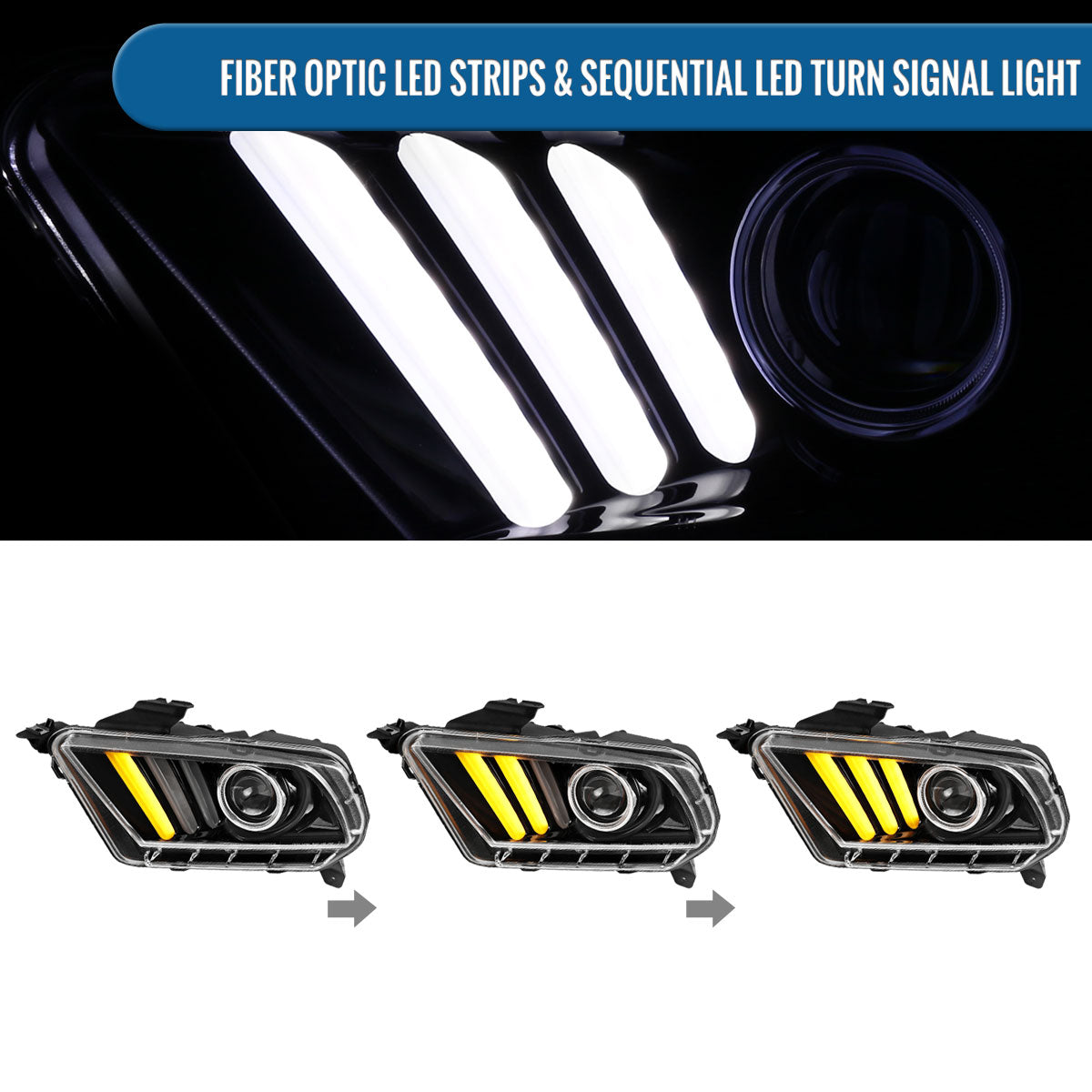 Ronnin - Se adapta a Ford Mustang 2010-2014, par de faros delanteros con proyector de señales de giro secuenciales tipo LED de doble función (blanco/ámbar) | Negro brillante