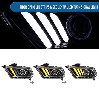 Ronnin - Se adapta a Ford Mustang 2010-2014, par de faros delanteros con proyector de señales de giro secuenciales tipo LED de doble función (blanco/ámbar) | Negro brillante