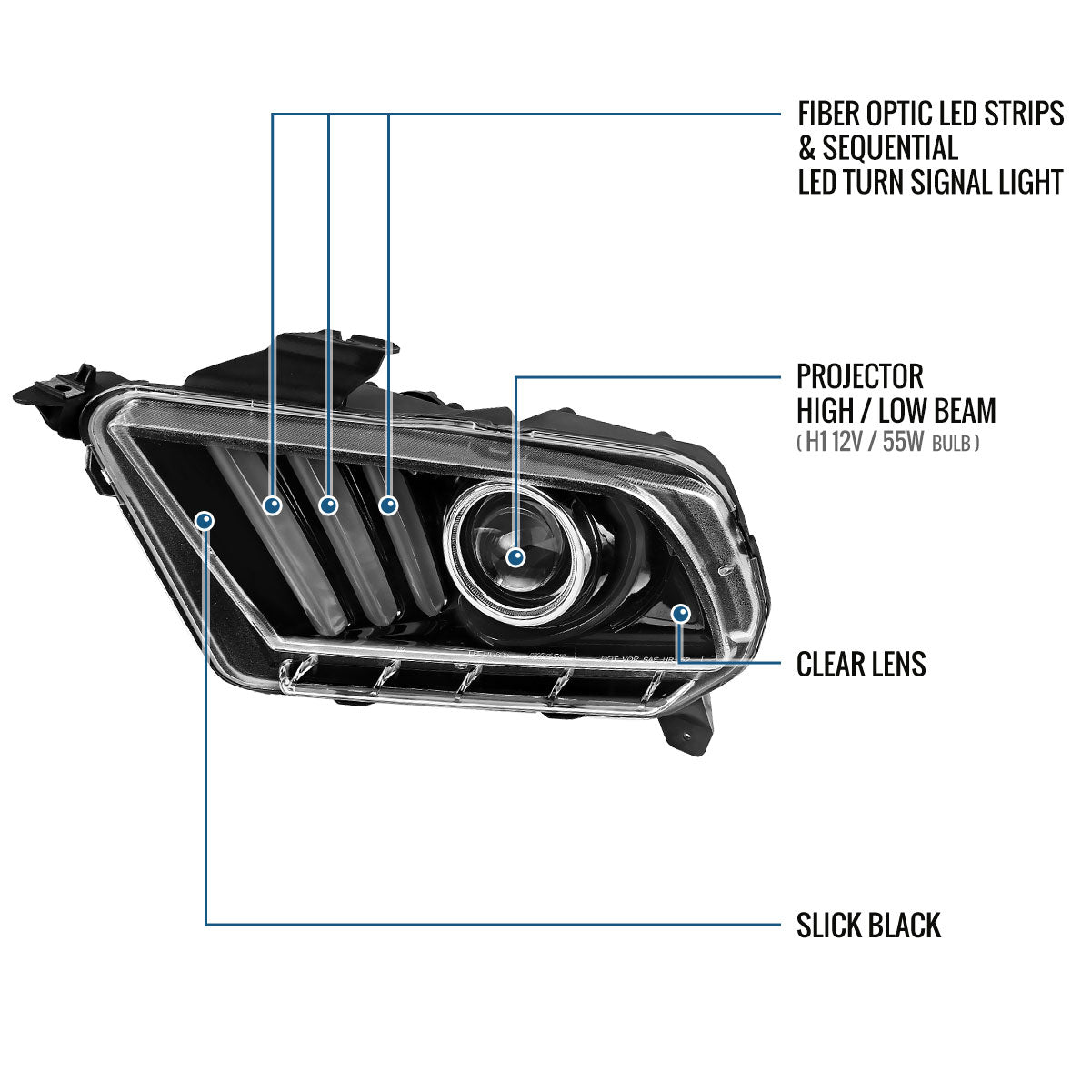 Ronnin - Se adapta a Ford Mustang 2010-2014, par de faros delanteros con proyector de señales de giro secuenciales tipo LED de doble función (blanco/ámbar) | Negro brillante