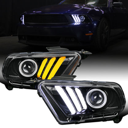 Ronnin - Se adapta a Ford Mustang 2010-2014, par de faros delanteros con proyector de señales de giro secuenciales tipo LED de doble función (blanco/ámbar) | Negro brillante