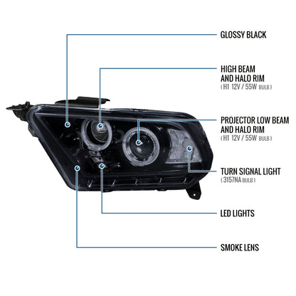 Ronnin - Se adapta a Ford Mustang 2010-2014, faros delanteros con proyector LED de doble aro, par de montaje de repuesto, color negro humo.