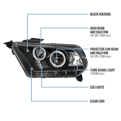 Ronnin - Faros delanteros de proyector con doble aro LED de repuesto mejorados para Ford Mustang 2010-2014, par | Negro