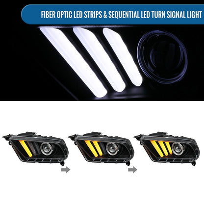 Ronnin - Faros delanteros con proyector y señales de giro secuenciales con tubo LED de actualización para Ford Mustang 2010-2014, par | Negro
