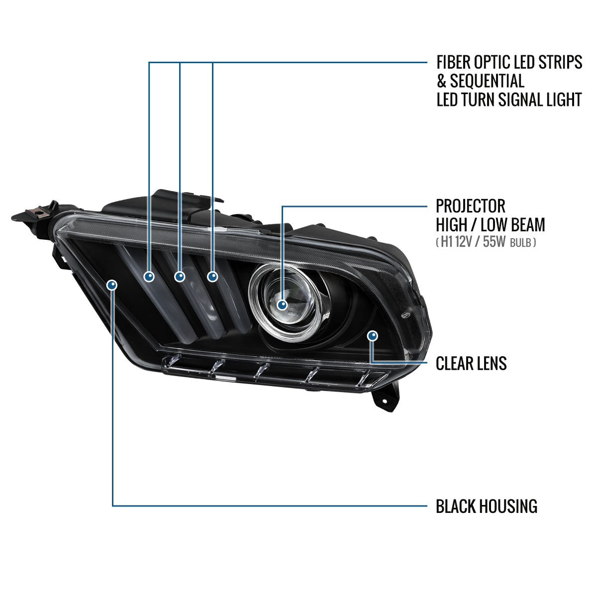 Ronnin - Faros delanteros con proyector y señales de giro secuenciales con tubo LED de actualización para Ford Mustang 2010-2014, par | Negro