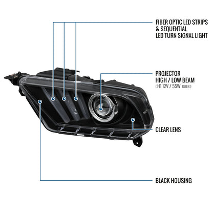 Ronnin - Faros delanteros con proyector y señales de giro secuenciales con tubo LED de actualización para Ford Mustang 2010-2014, par | Negro