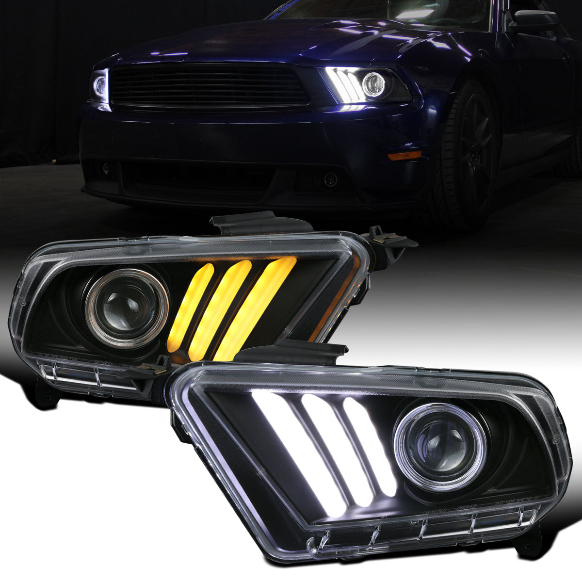 Ronnin - Faros delanteros con proyector y señales de giro secuenciales con tubo LED de actualización para Ford Mustang 2010-2014, par | Negro